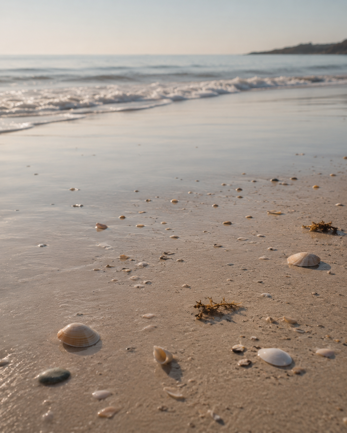 Shells scattered along a quiet shoreline