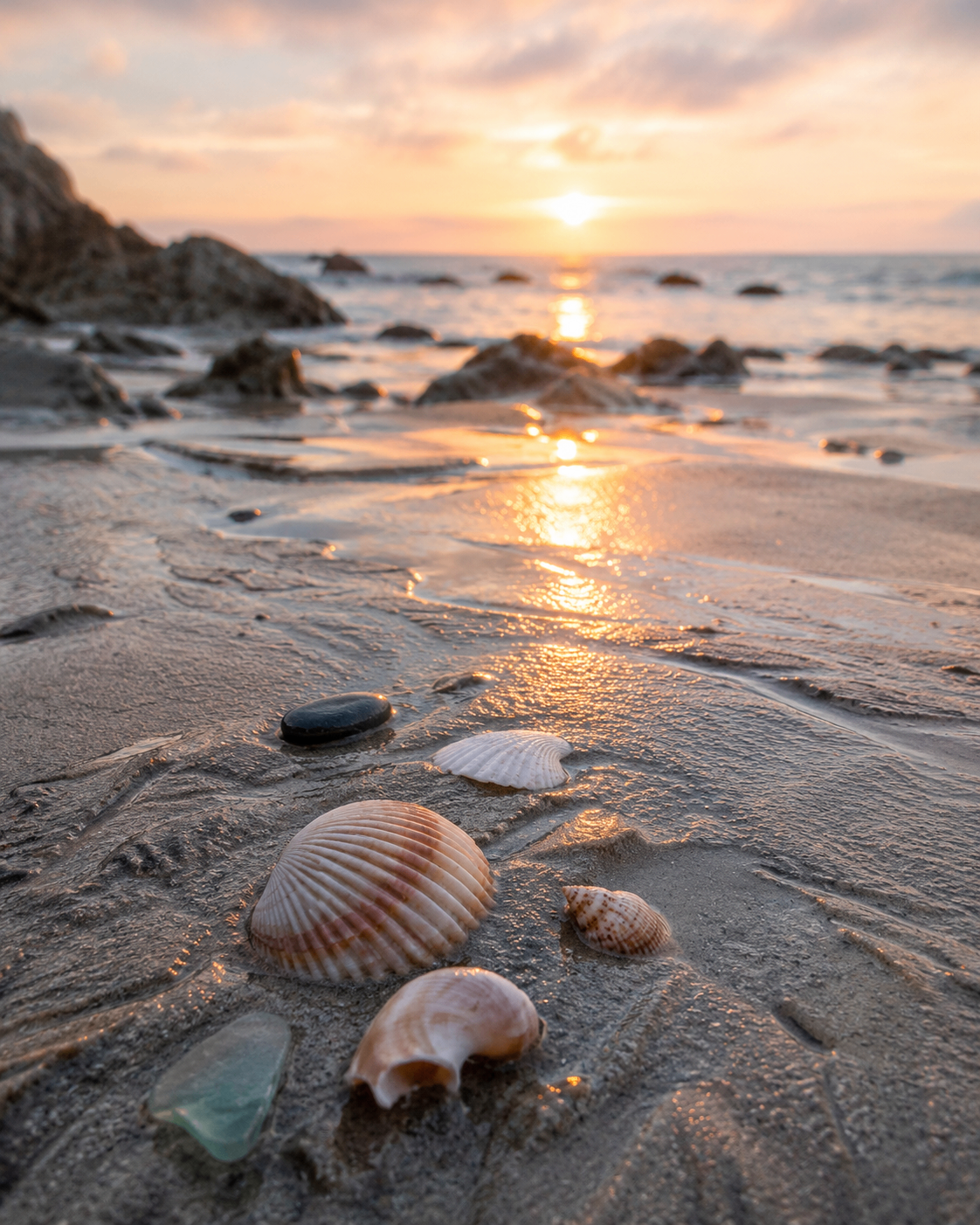 Shells on wet sand at sunset