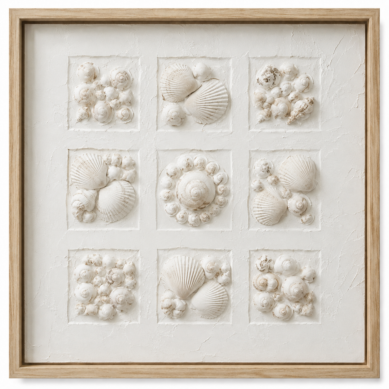 Nine-panel framed shell artwork by Ocealia