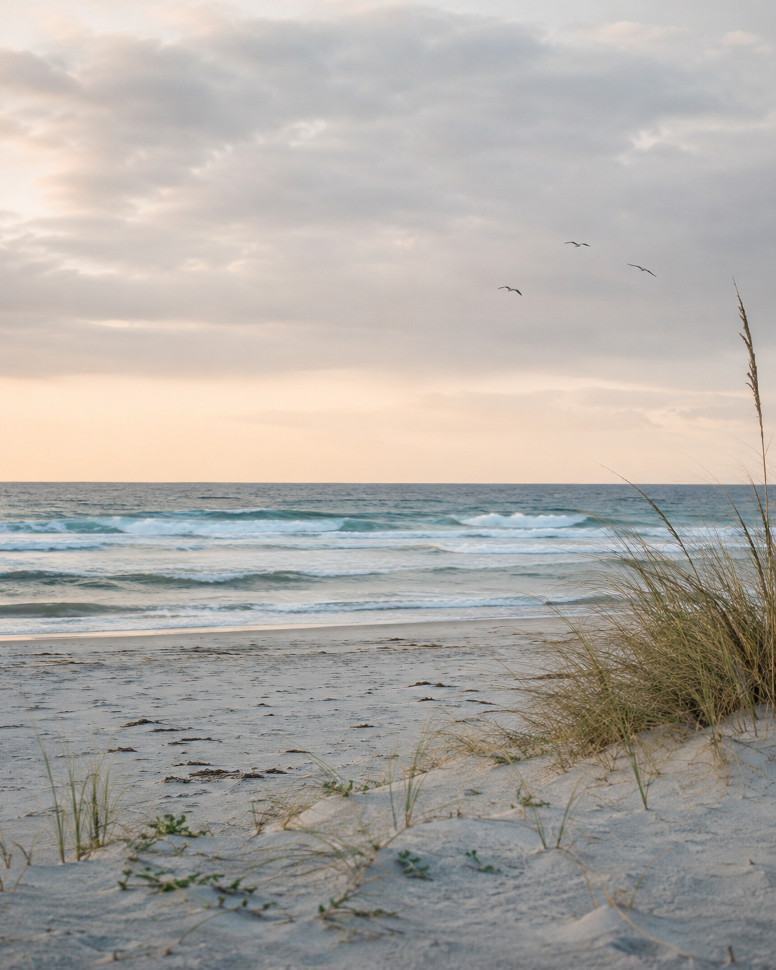 Dune grass at dawn with seabirds overhead