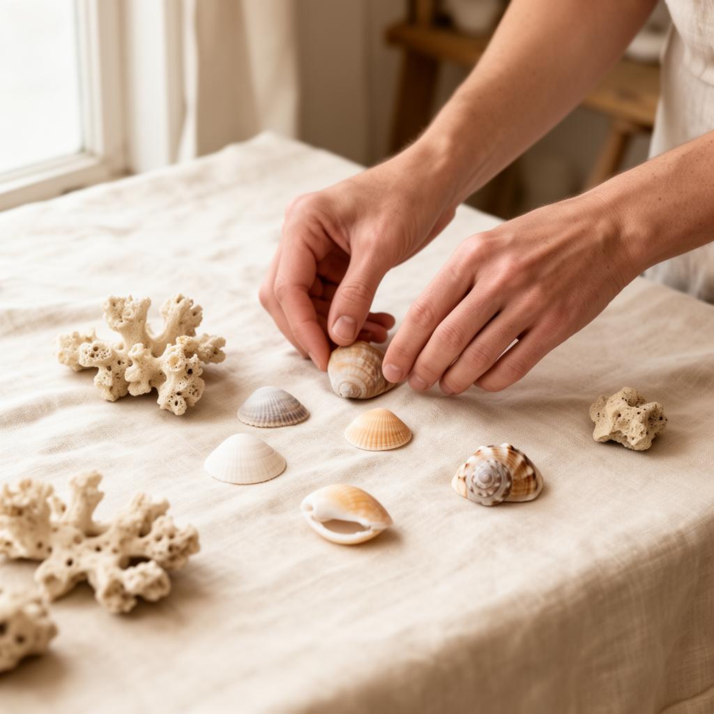 Shells and coastal materials arranged on linen in Ocealia's studio